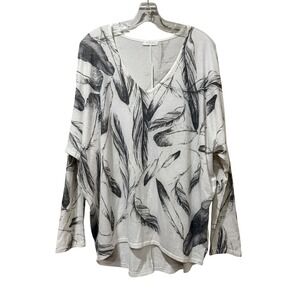 ENTI Large Women White Black Feather Print Dolman Sleeve V-Neck Top B14